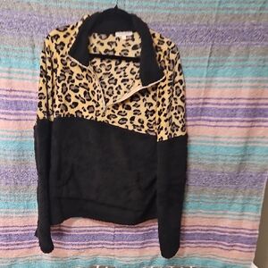 Chic Leopard Print and Black Women's Lightweight Half Zip Jacket.